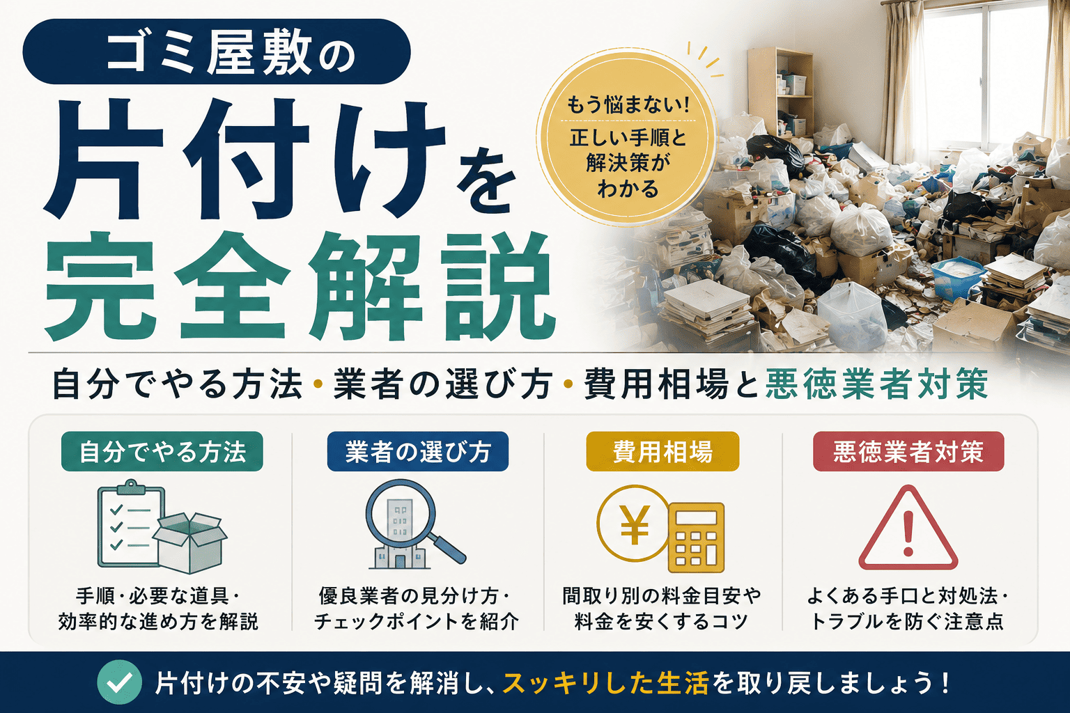 ゴミ屋敷の片付けを完全解説｜自分でやる方法・業者の選び方・費用相場と悪徳業者対策